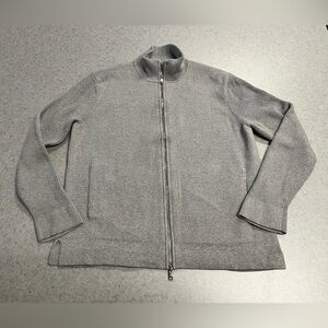 Theory Walton Cotton Heather Grey Full Zip Ribbed Sweater—Large